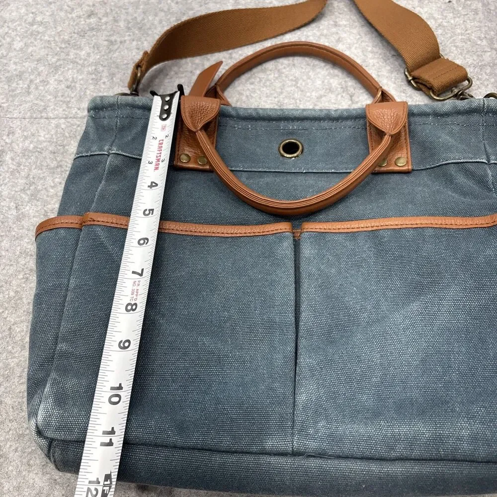 Levenger Bloomsbury Blue Canvas Book Tote Crossbody Bag Leather Trim retro boho